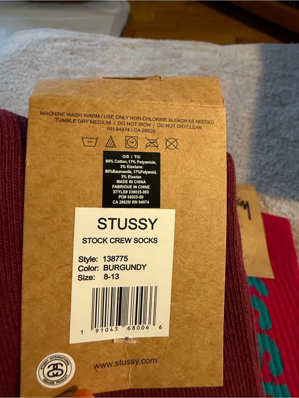 Stussy Maroon & Red Athletic Crew Socks with White and Teal Logos - Picture 4 of 5